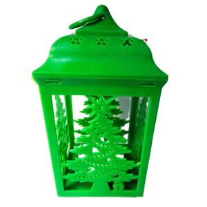 Green LED Christmas Lantern Flickering Light, Snowflake & Tree Cutouts, Plastic